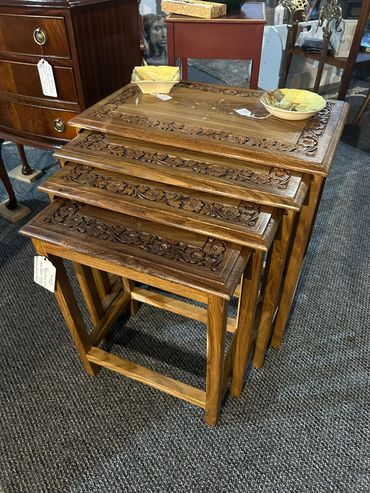 Vintage carved rosewood set of three Chinese nesting tables with brass inlays. £320.
