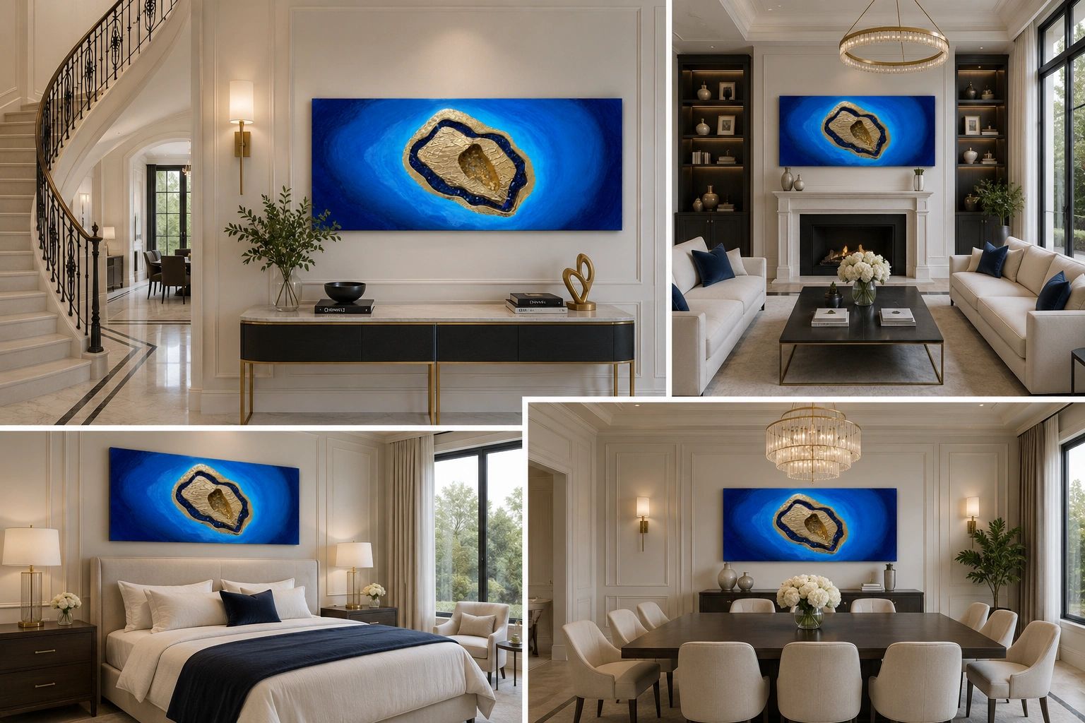Modern interior rooms with a vibrant blue and gold abstract wall art.