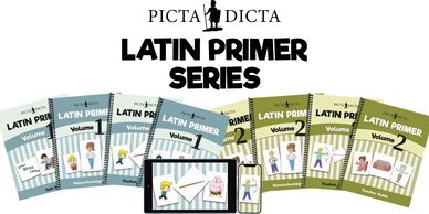 Picta Dicta Latin Primer Series, volume 1 & 2, with workbook, guides, and digital Latin storybook.