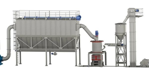 Industrial grinding and processing machine setup with conveyor and cyclone separator.