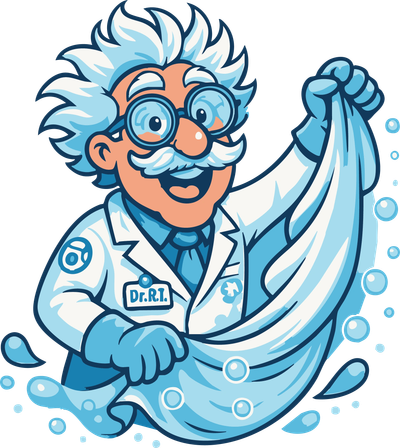 Cartoon scientist with wild white hair and glasses.