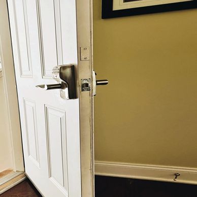 Open residential door with security lock