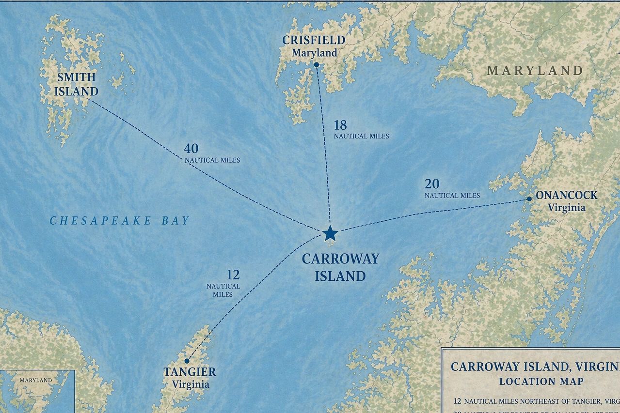 Map showing Carroway Island and nearby locations with distances in Chesapeake Bay.