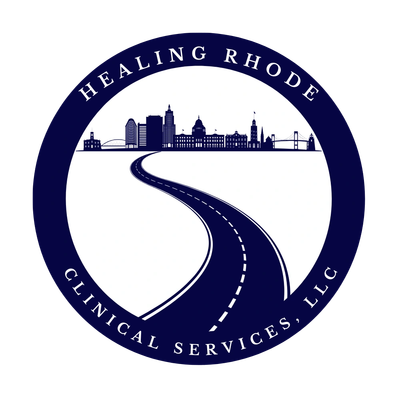 Logo with a road leading to a city's skyline inside a blue circle.