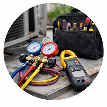 HVAC gauges and a digital multimeter on a metal surface near a tool bag.