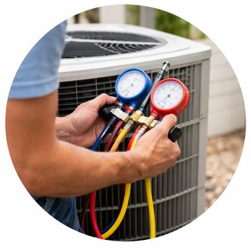 Technician checking HVAC system pressure with gauges.