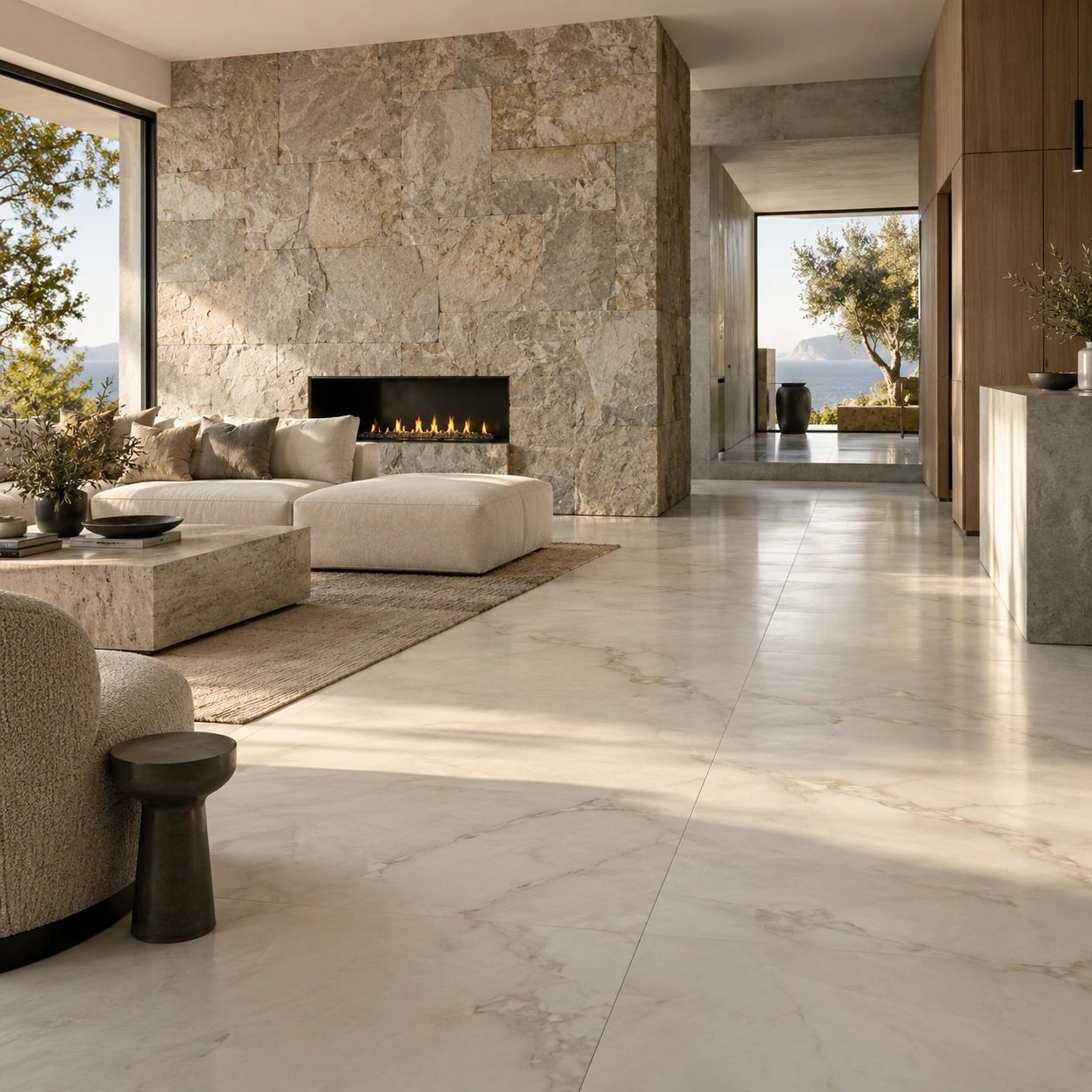 Luxury interior featuring large-format porcelain flooring, natural stone and premium surface applica