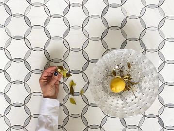 Hand holding a dried leaf over a patterned surface with a lemon in a glass bowl.