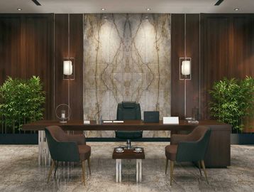 Modern executive office with elegant wood paneling and marble backdrop.