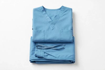 Blue medical scrubs folded on a white surface.