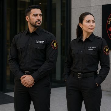 Two security guards in black uniforms standing outside a building.