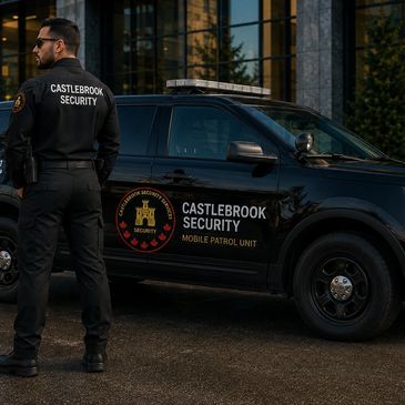 Security guard standing by Castlebrook Security patrol vehicle.