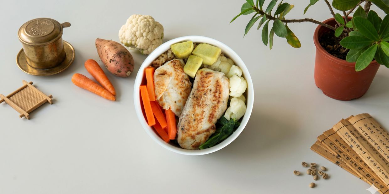 Healthy bowl with grilled chicken, carrots, cauliflower, and plantains on a light table with a plant and vintage items.