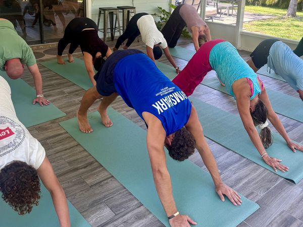 Group practicing downward dog yoga pose indoors on mats.