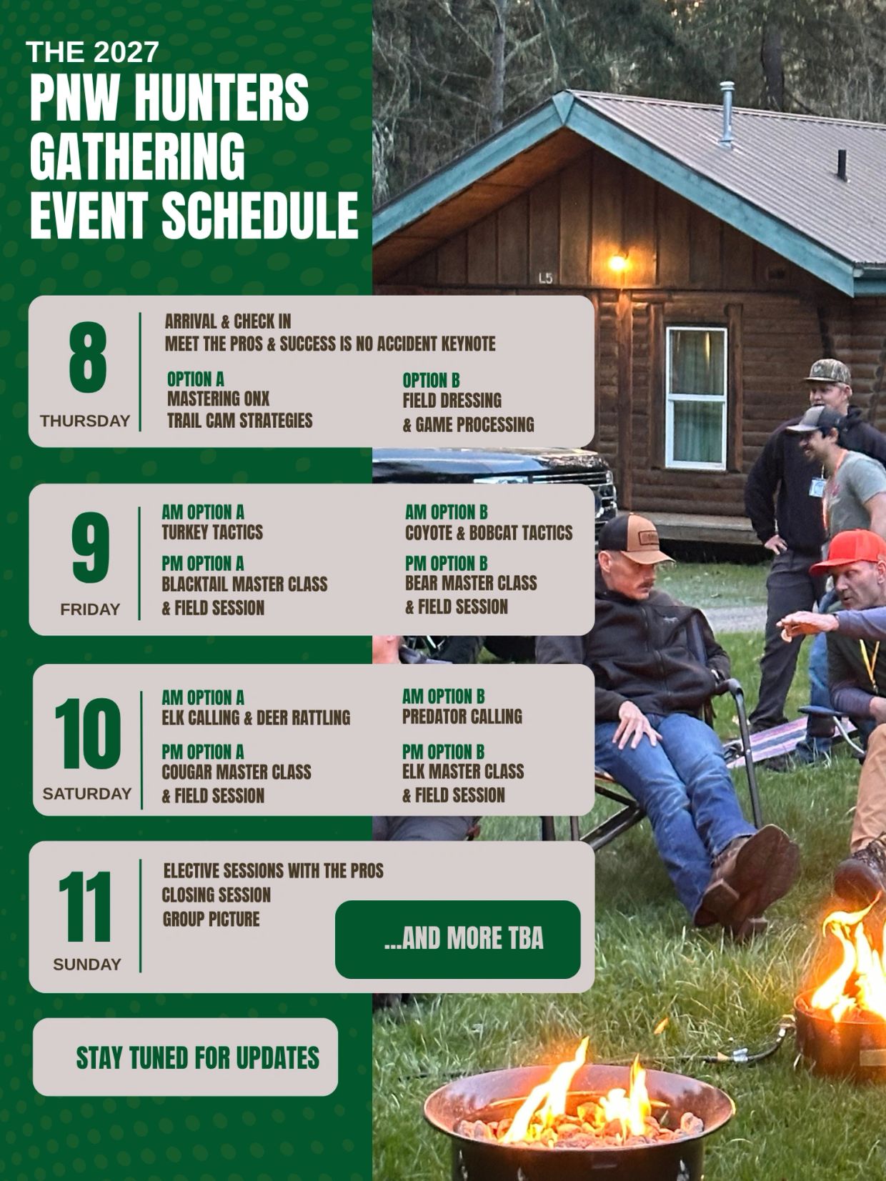 2027 PNW Hunters Gathering event schedule with sessions on hunting tactics and master classes.