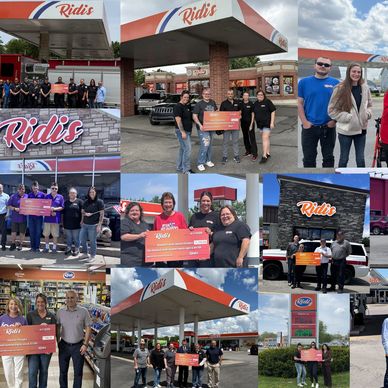 Various groups holding large checks at Ridi's gas stations and stores.