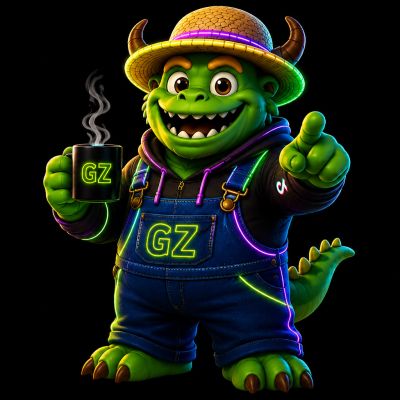 A cute green monster in overalls and a hat holding a steaming mug with 'GZ'.