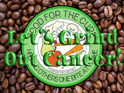 Coffee beans with a green cancer awareness logo and motivational text.