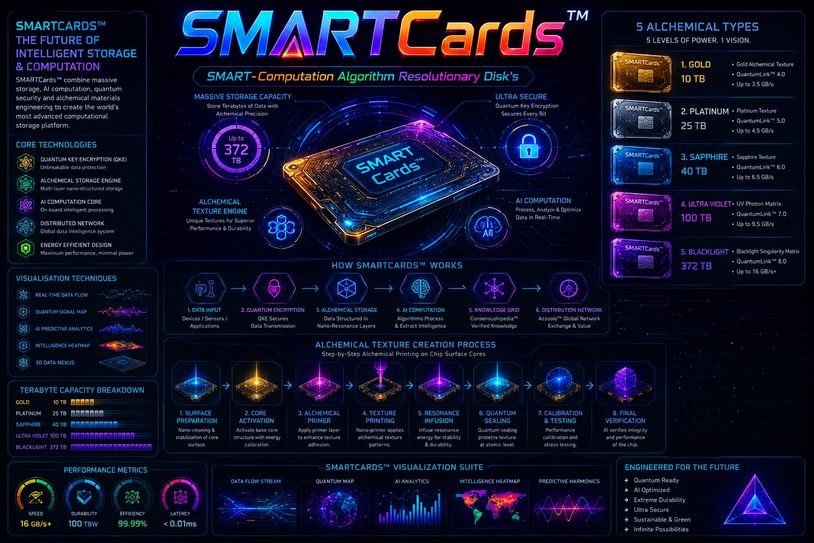 Infographic detailing SMARTCards' advanced quantum storage, AI computation, and alchemical technology.