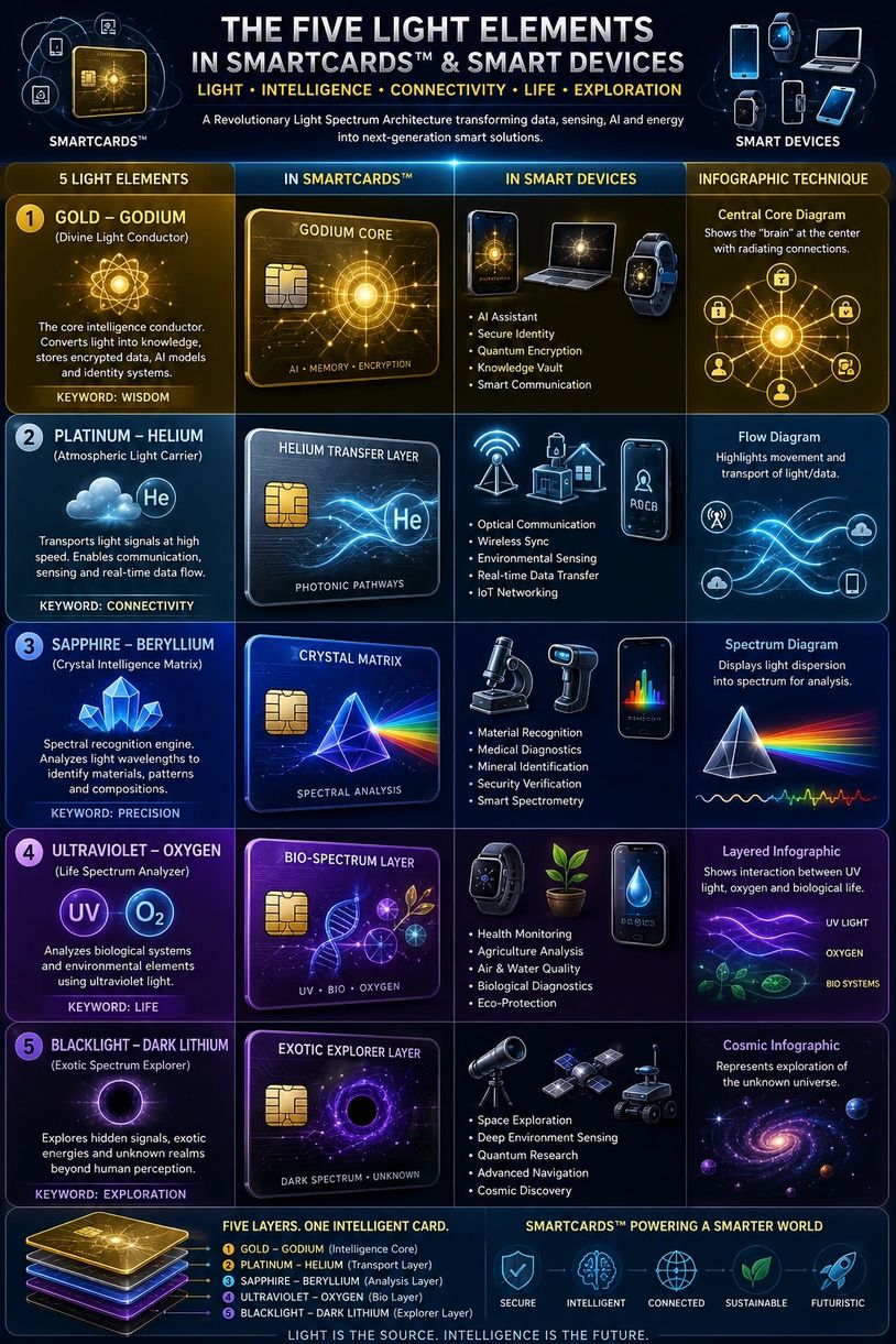 Infographic explaining five light elements in smartcards and smart devices for next-gen technology.