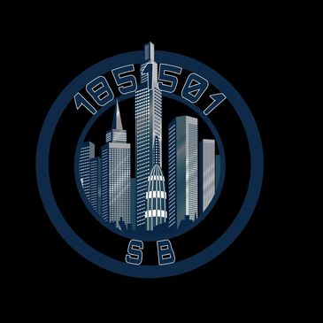 Stylized city skyline with numbers 1851501 and letters SB in circular design.