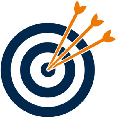 Three arrows hitting the bullseye on a blue and white target.