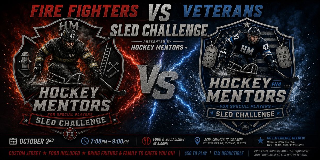 Firefighters vs Veterans sled hockey challenge poster.