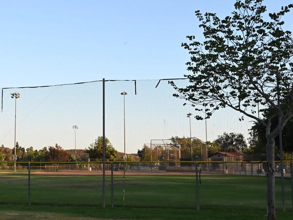 Empty baseball field with green grass and clear blue sky.