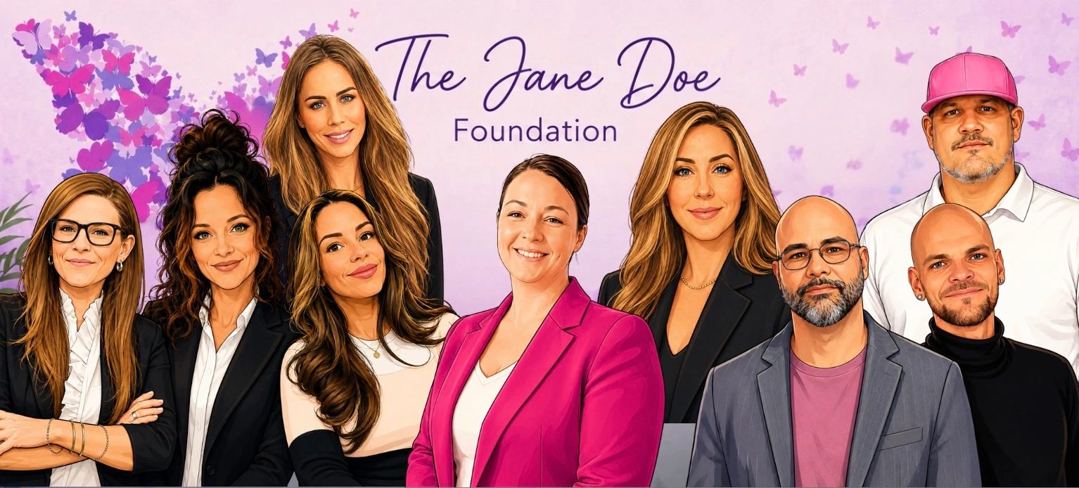 Team portrait of The Jane Doe Foundation with a purple butterfly theme.