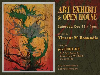Art exhibit announcement featuring abstract surreal artwork by Vincent M. Romendio.