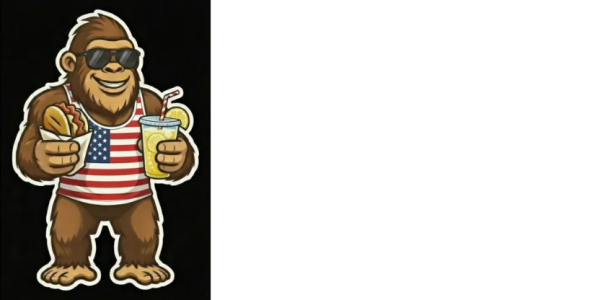 Cartoon Bigfoot wearing American flag tank top with hot dog and drink.