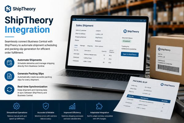 ShipTheory integration automates shipment scheduling and packing slip generation.