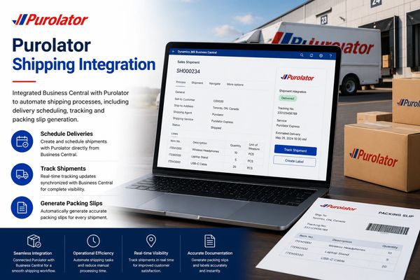Purolator shipping integration with Business Central on laptop.