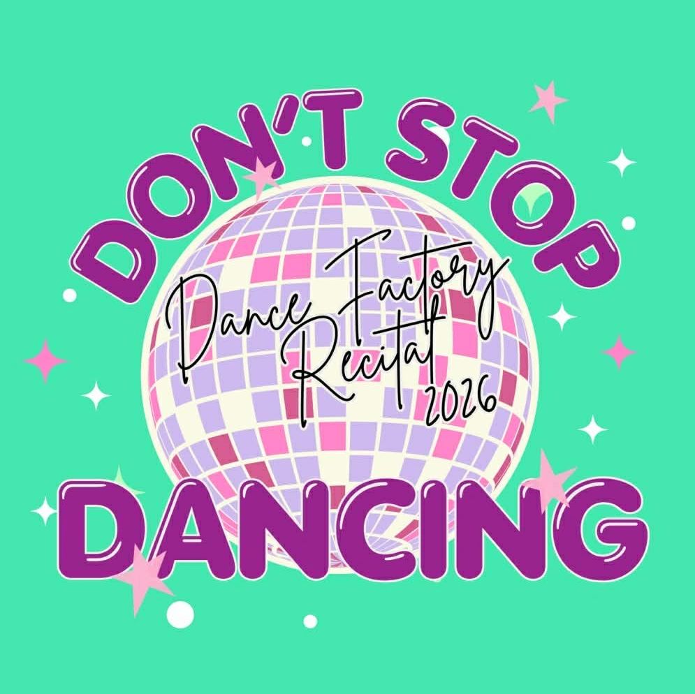 Greeley Colorado's Dance Factory "Don't Stop Dancing" Recital Logo with Disco ball and sparkles