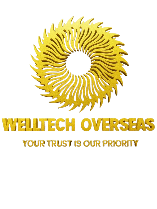 Golden logo with text 'Welltech Overseas' and slogan below.