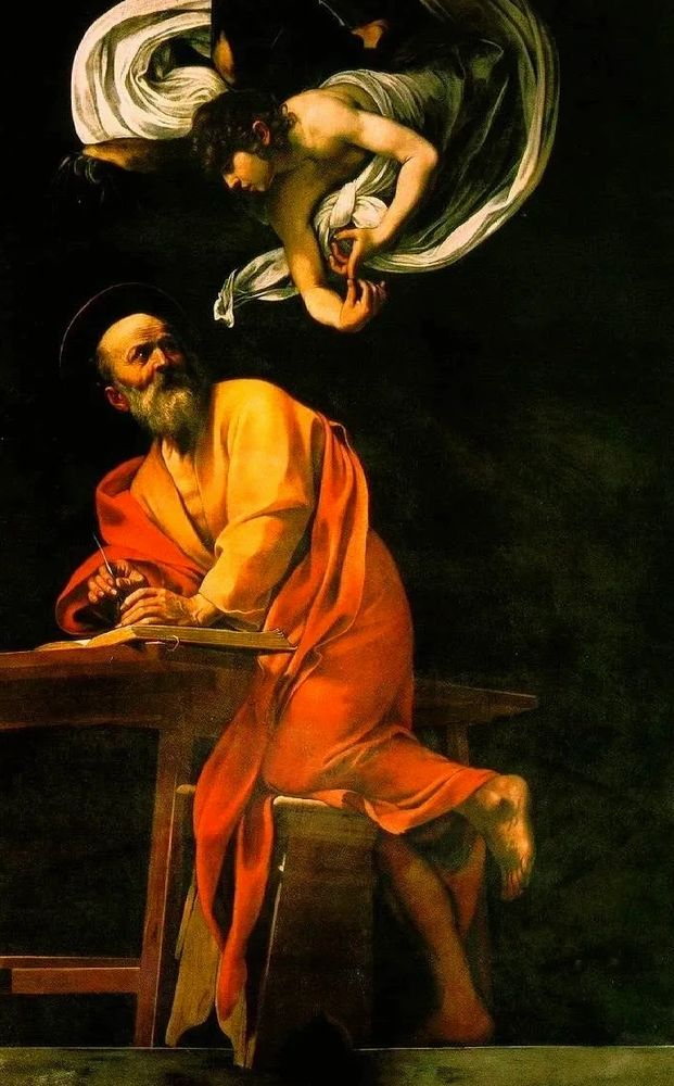 Old man, st Matthew writing , an angel hovering.
