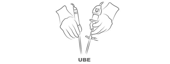 Two hands holding swords with a star emblem, captioned 'UBE'.