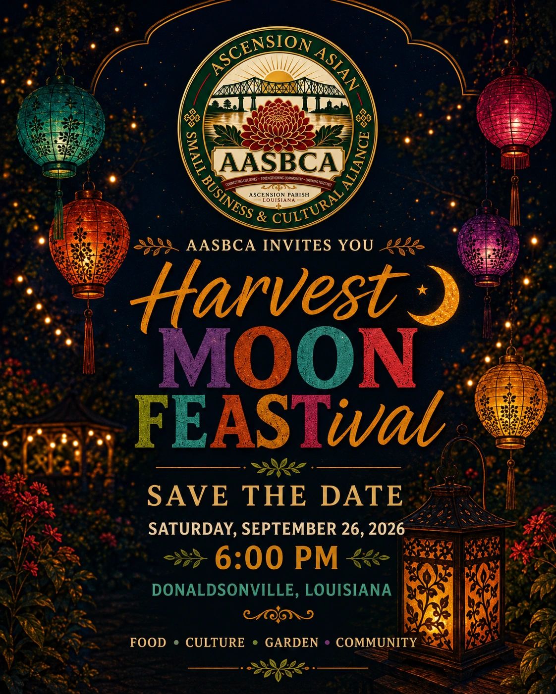 Invitation to AASBCA Harvest Moon Feastival with lanterns and festive lights.