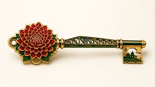 Ornate golden key with flower and castle designs.