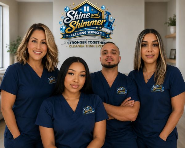 Team of four professional cleaners in navy uniforms posing confidently indoors.