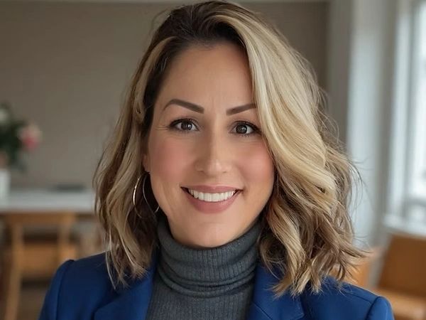 Smiling woman with blonde hair in a blue blazer indoors.