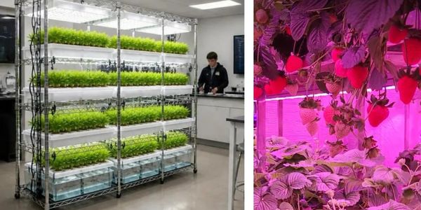Indoor vertical farming with LED lighting.