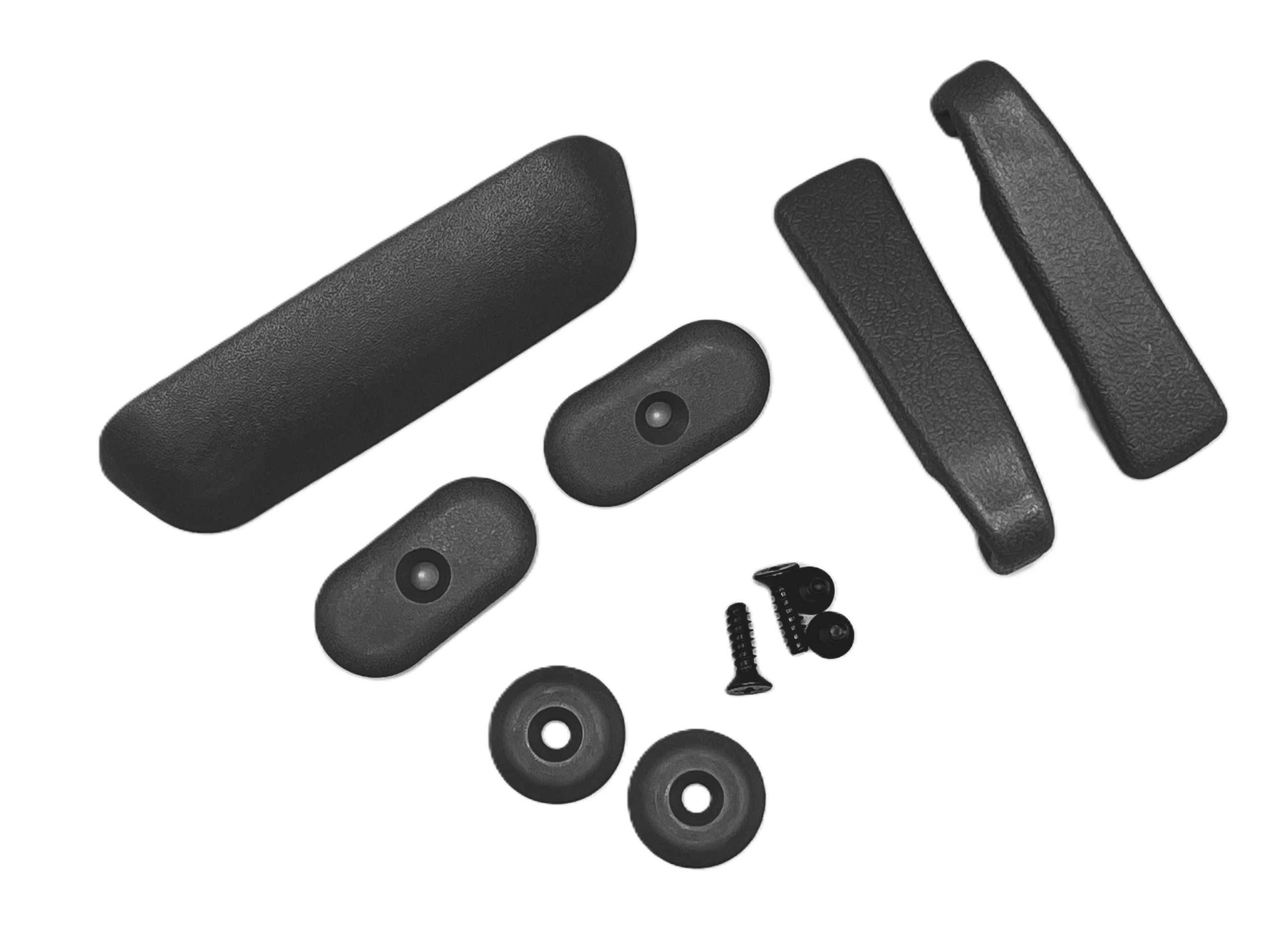 Black plastic hardware parts and screws arrangement.