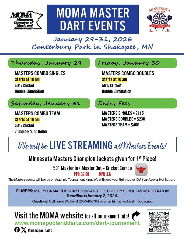 MOMA Master Dart Events at Canterbury Park, Jan 29-31, 2026, featuring singles, doubles, and team competitions.