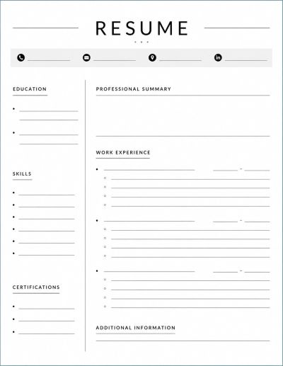 Blank professional resume template with sections for education, skills, work experience, and certifications.