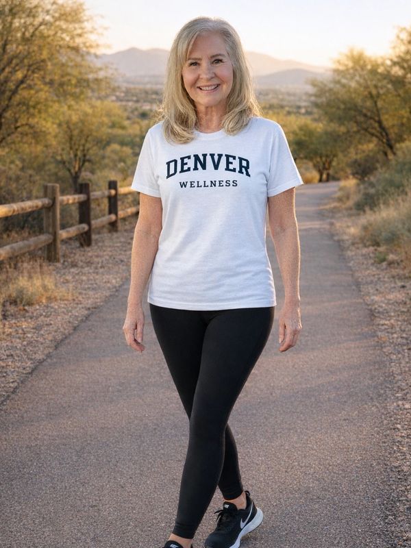 Smiling woman walking outdoors in casual wellness attire on a sunny path.