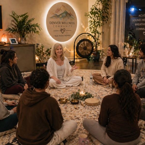 A group meditation session at Denver Wellness Community with a cozy, calming atmosphere.