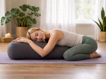 Woman resting on a bolster pillow in a serene room.