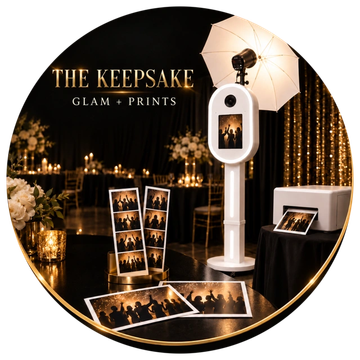 Perfect Pic's The Keepsake Glam + Prints package, showing a white glam photo booth and photo strips.