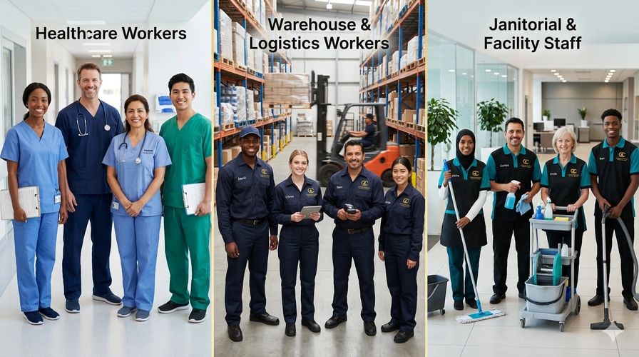 Groups of diverse workers in healthcare, warehouse, and janitorial roles posing at workplaces.